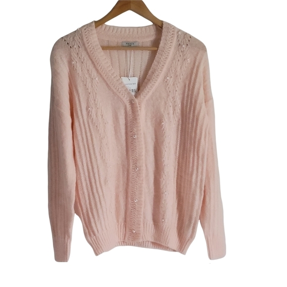 FRNCH Paris V-Neck Pointelle Women's Cardigan Sweater Pink Size Small NWT - Picture 2 of 10